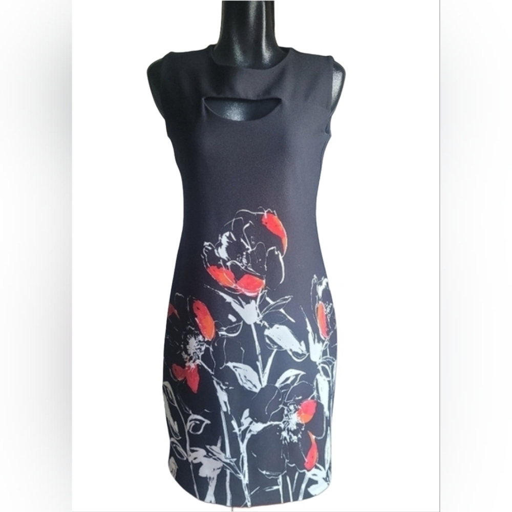 Artex Fashions Black Sleeveless Floral Sheath Dress M